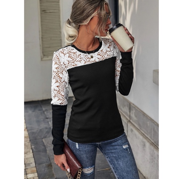 Contrast Lace Detail Black Long Sleeve Tee Shirt - Picture 4 of 7